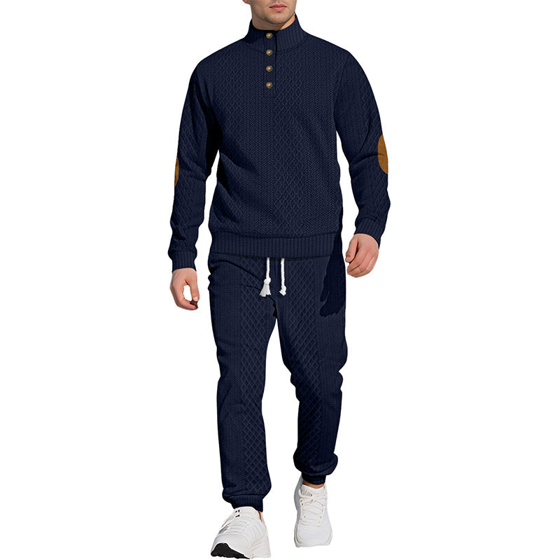 Casual Jacquard Stand Collar Top and Elastic Cuff Pants