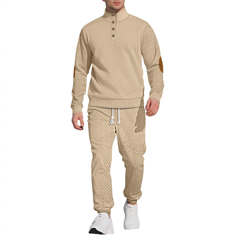 Casual Jacquard Stand Collar Top and Elastic Cuff Pants