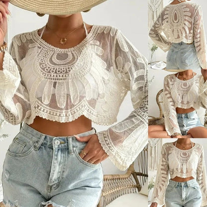 🌺 Women's Floral Embroidered Semi-Sheer Cover Up 🌊 | Cute Long Sleeve Round Neck | Perfect for Beach Vacations & Outdoor Fun! ☀️