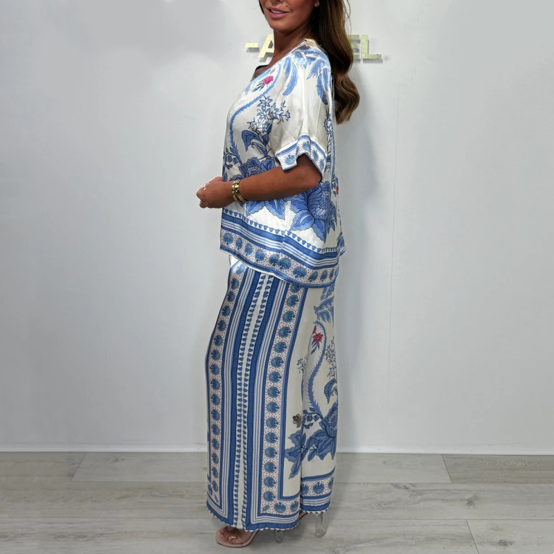 🩵Women’s Elegant Printed V-Neck Tops ＆ Pants 2-Piece Set
