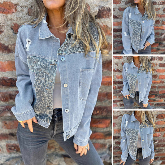🔥Fashionable Leopard Print Patchwork Denim Jacket