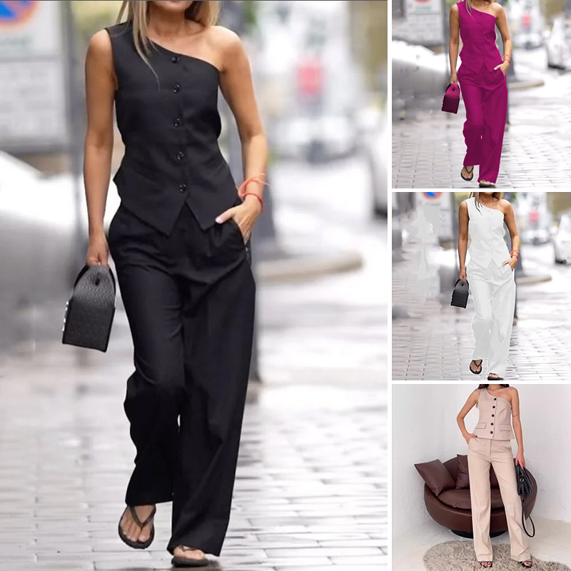 💃👗 2025 European and American Fashion New Style Set, Slant Shoulder Sleeveless+High Waist Straight Leg Pants!
