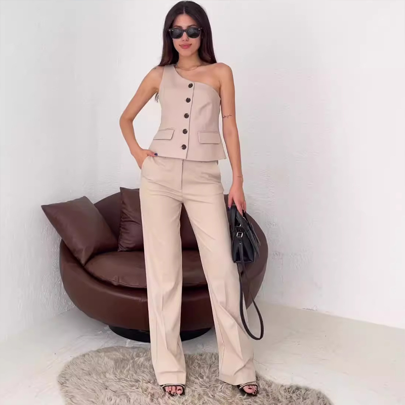 💃👗 2025 European and American Fashion New Style Set, Slant Shoulder Sleeveless+High Waist Straight Leg Pants!