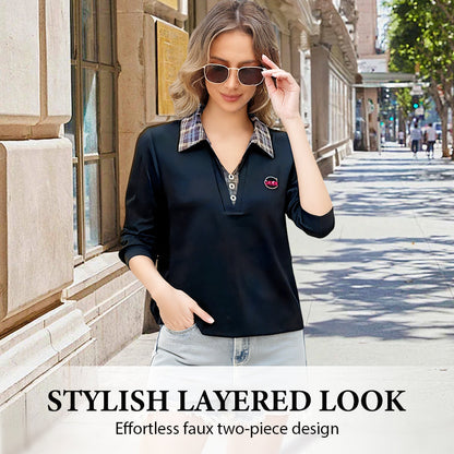 Comfortable Faux 2-Piece Top: Plaid Shirt Collar