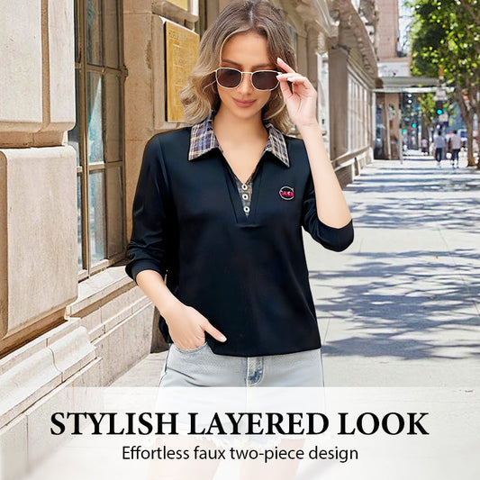 Comfortable Faux 2-Piece Top: Plaid Shirt Collar