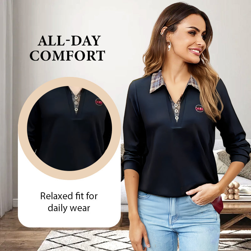 Comfortable Faux 2-Piece Top: Plaid Shirt Collar