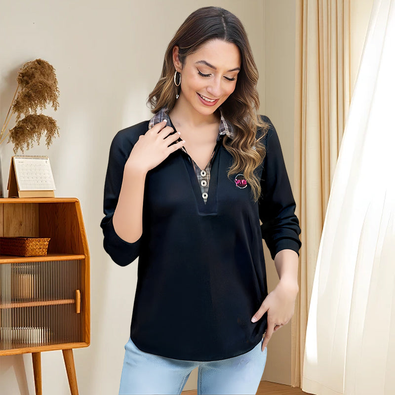 Comfortable Faux 2-Piece Top: Plaid Shirt Collar