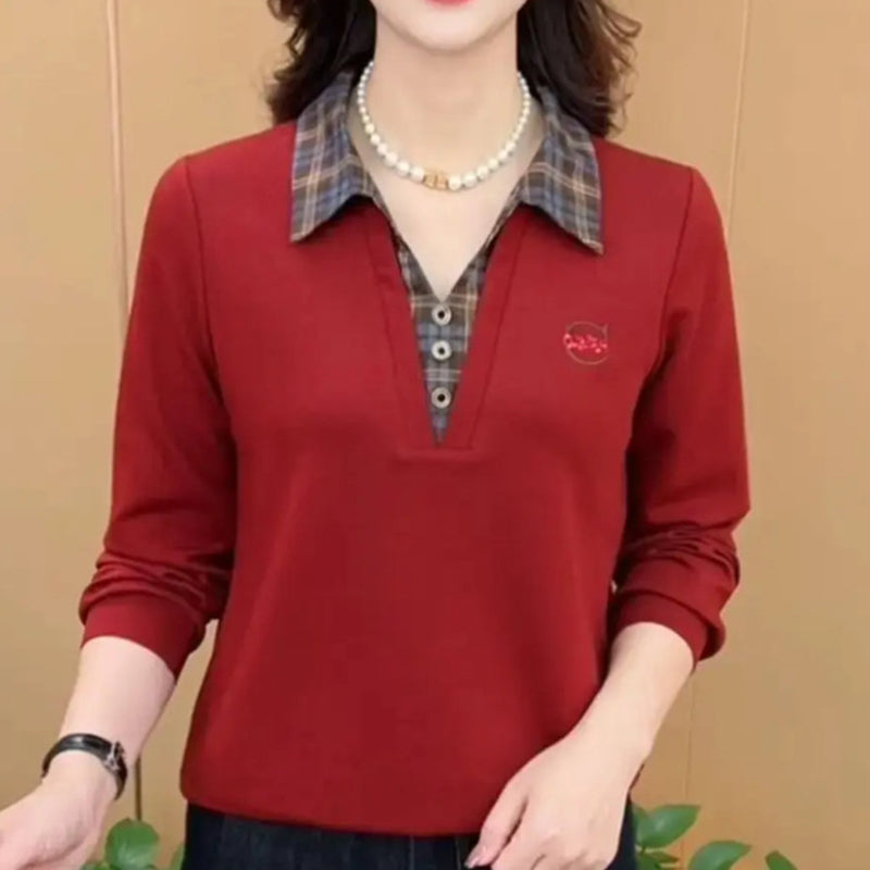 Comfortable Faux 2-Piece Top: Plaid Shirt Collar
