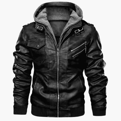 Men's Zipper PU Leather Hooded Jacket
