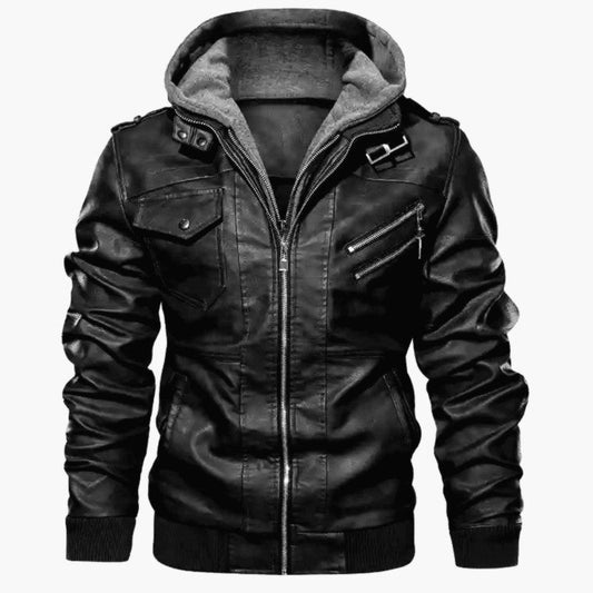 Men's Zipper PU Leather Hooded Jacket