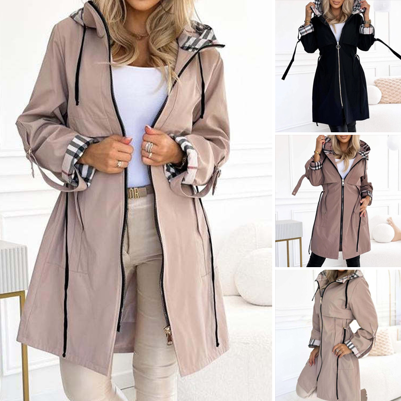 Long Hooded Drawstring Waist-Cinching Zipper Windbreaker
