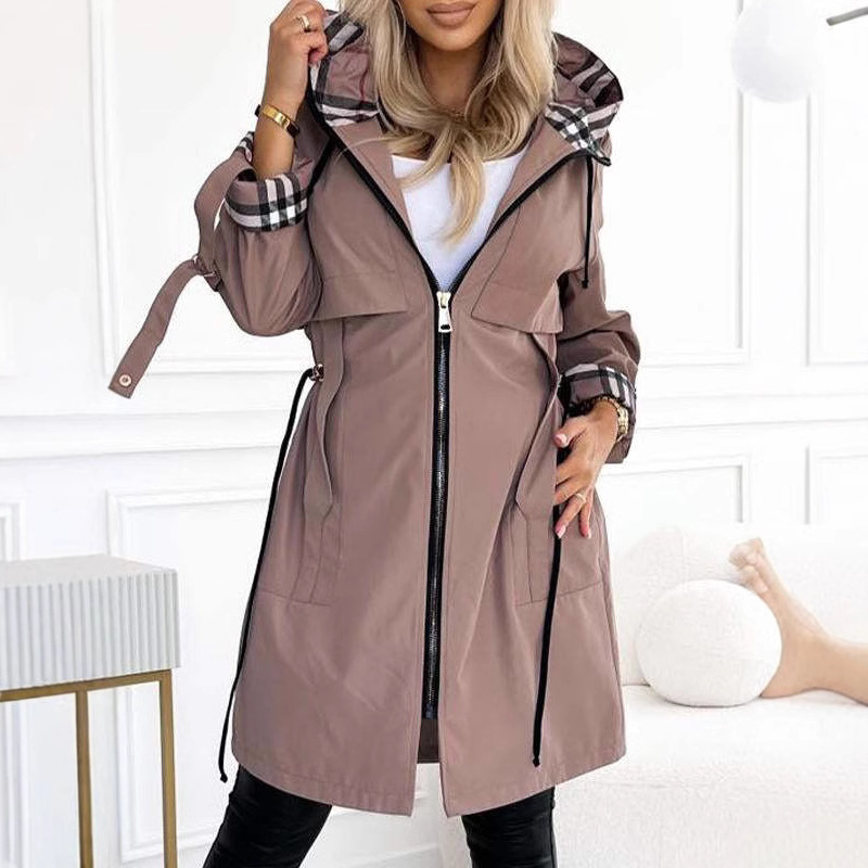 Long Hooded Drawstring Waist-Cinching Zipper Windbreaker