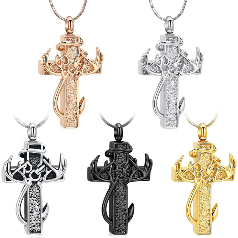 🦌🖤Antler Cross Urn Pendant Necklace