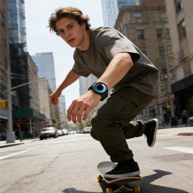 Men’s Futuristic Minimalist Watch with Creative Rotating Disk Dial