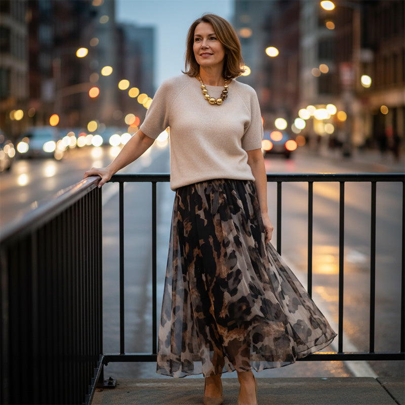 Women's Two-Piece Sweater & Leopard Flowy Skirt Set