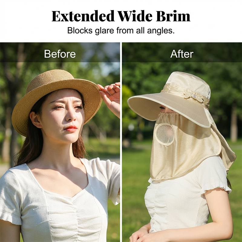 Women's Wide Brim Sun Hat with Face & Neck Flap