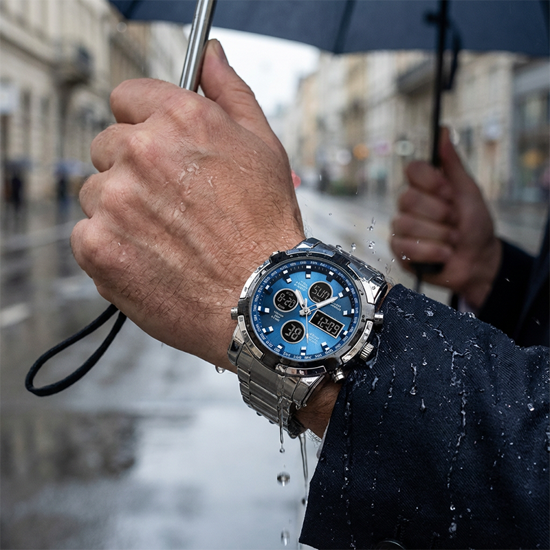 Fashion Multi functional Sports Men's Watch, 48Mm Metal Case with 3 Time Zone Night Light 30M Waterproof Stainless Steel Strap