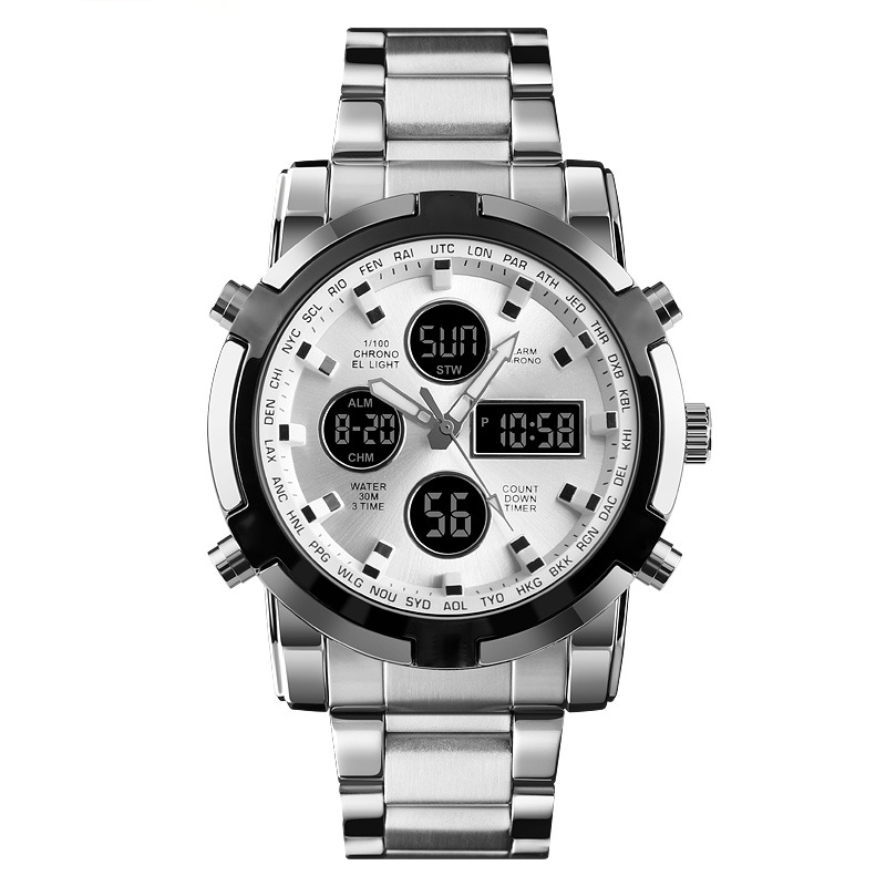 Fashion Multi functional Sports Men's Watch, 48Mm Metal Case with 3 Time Zone Night Light 30M Waterproof Stainless Steel Strap