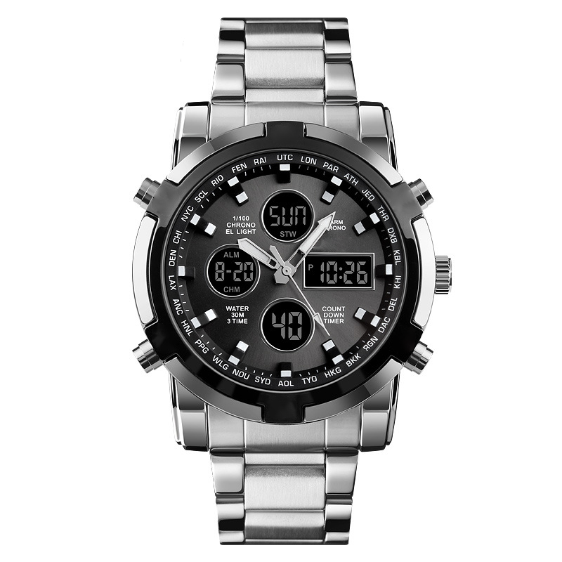 Fashion Multi functional Sports Men's Watch, 48Mm Metal Case with 3 Time Zone Night Light 30M Waterproof Stainless Steel Strap