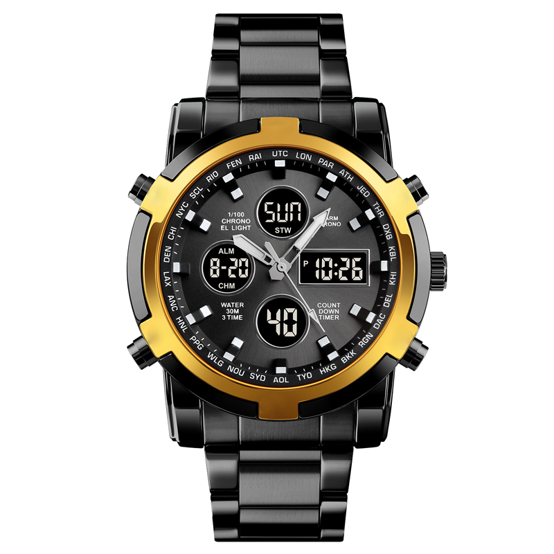 Fashion Multi functional Sports Men's Watch, 48Mm Metal Case with 3 Time Zone Night Light 30M Waterproof Stainless Steel Strap
