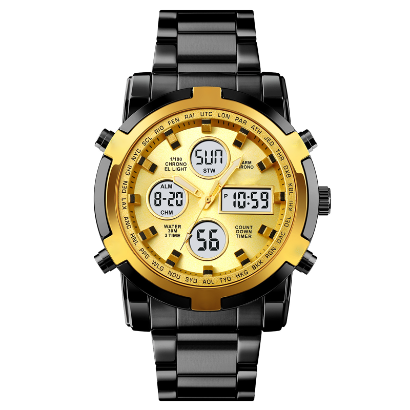 Fashion Multi functional Sports Men's Watch, 48Mm Metal Case with 3 Time Zone Night Light 30M Waterproof Stainless Steel Strap