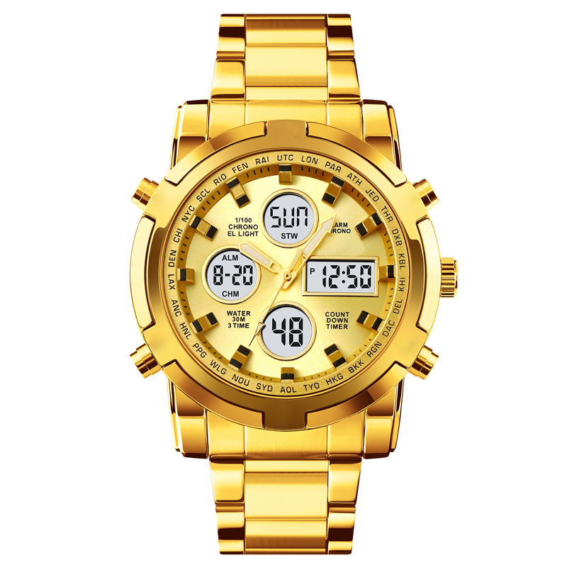 Fashion Multi functional Sports Men's Watch, 48Mm Metal Case with 3 Time Zone Night Light 30M Waterproof Stainless Steel Strap