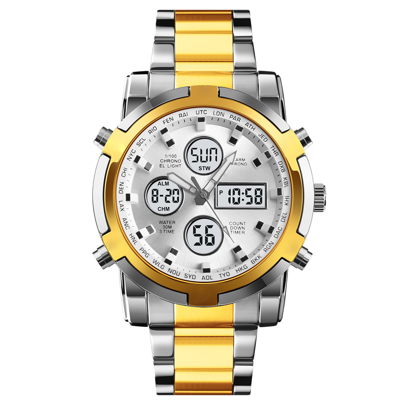 Fashion Multi functional Sports Men's Watch, 48Mm Metal Case with 3 Time Zone Night Light 30M Waterproof Stainless Steel Strap