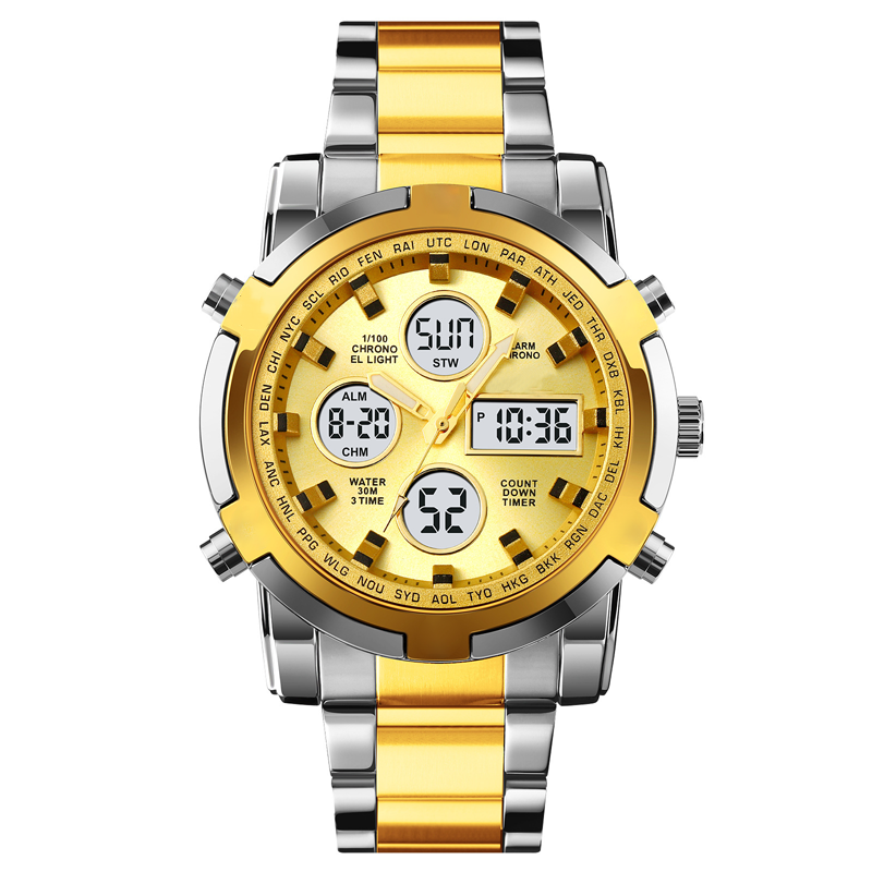 Fashion Multi functional Sports Men's Watch, 48Mm Metal Case with 3 Time Zone Night Light 30M Waterproof Stainless Steel Strap