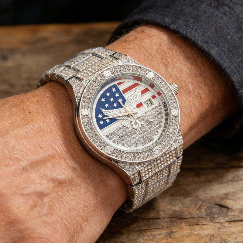 Iced Out Gold US Flag Eagle Watch Diamond Quartz Watch