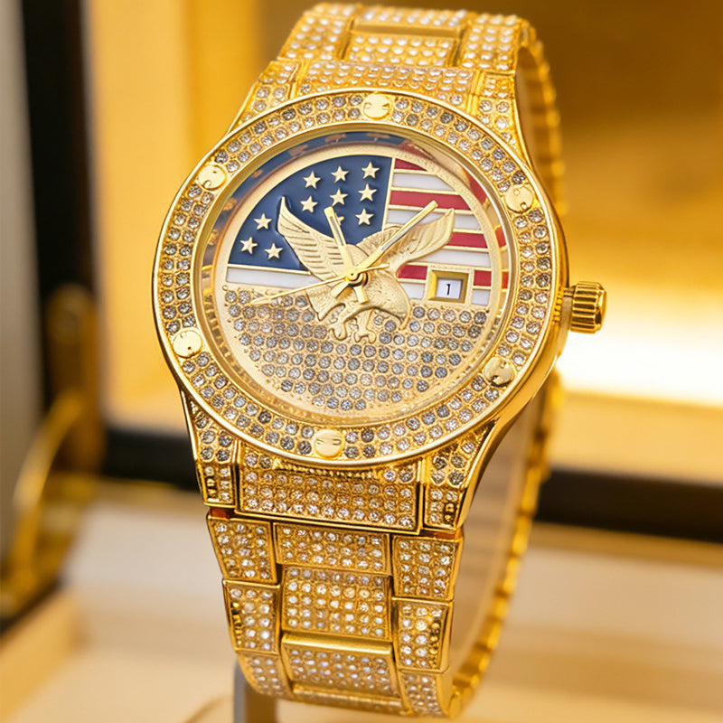 Iced Out Gold US Flag Eagle Watch Diamond Quartz Watch