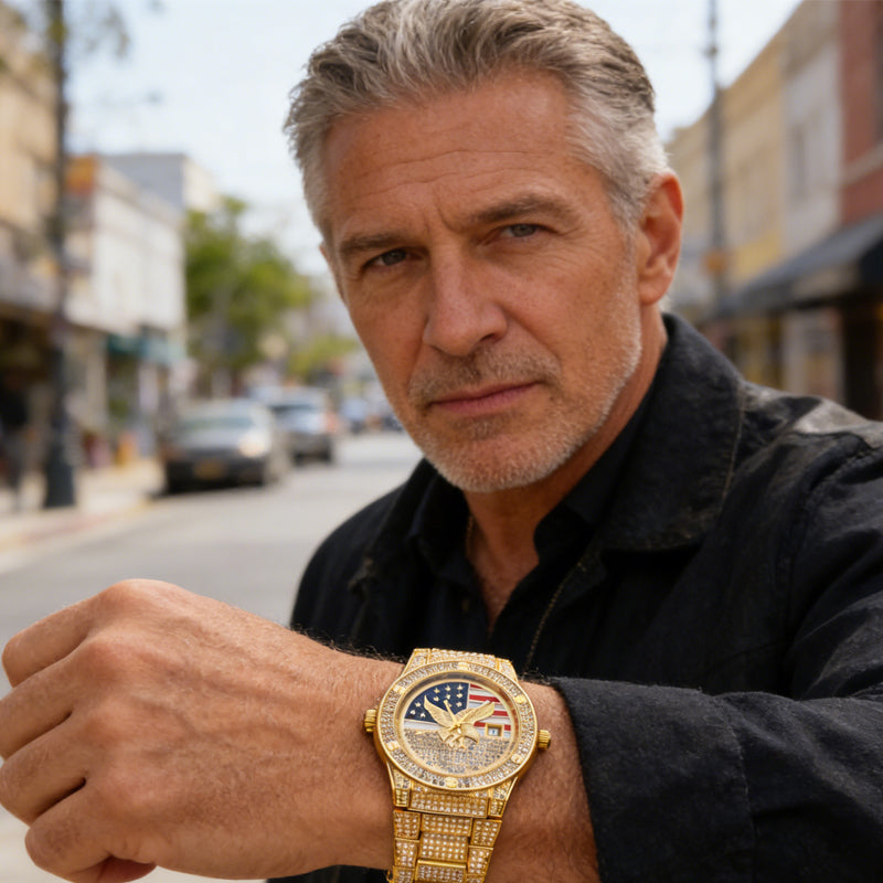 Iced Out Gold US Flag Eagle Watch Diamond Quartz Watch