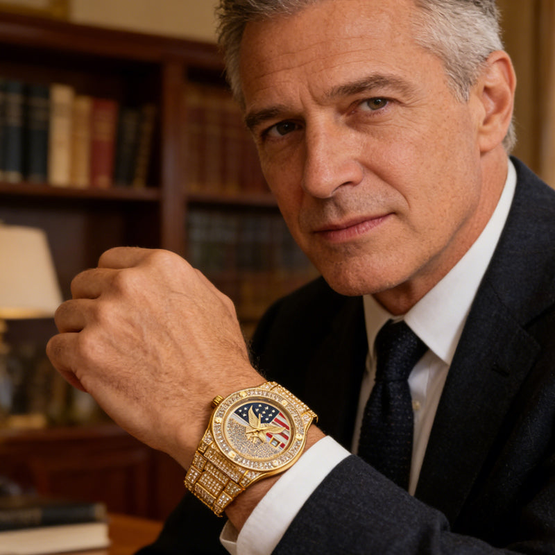 Iced Out Gold US Flag Eagle Watch Diamond Quartz Watch
