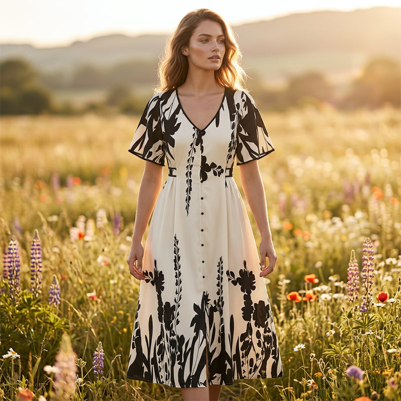 👗50% OFF NOW!🌸Women's Botanical Print Midi Dress – V-Neck, A-Line & Flutter Sleeves🌿