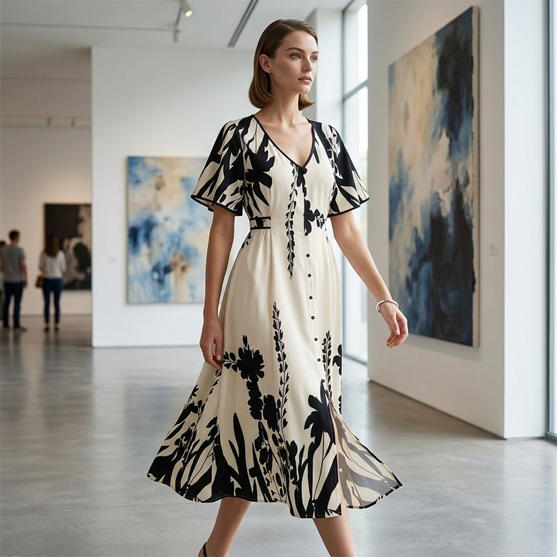 👗50% OFF NOW!🌸Women's Botanical Print Midi Dress – V-Neck, A-Line & Flutter Sleeves🌿