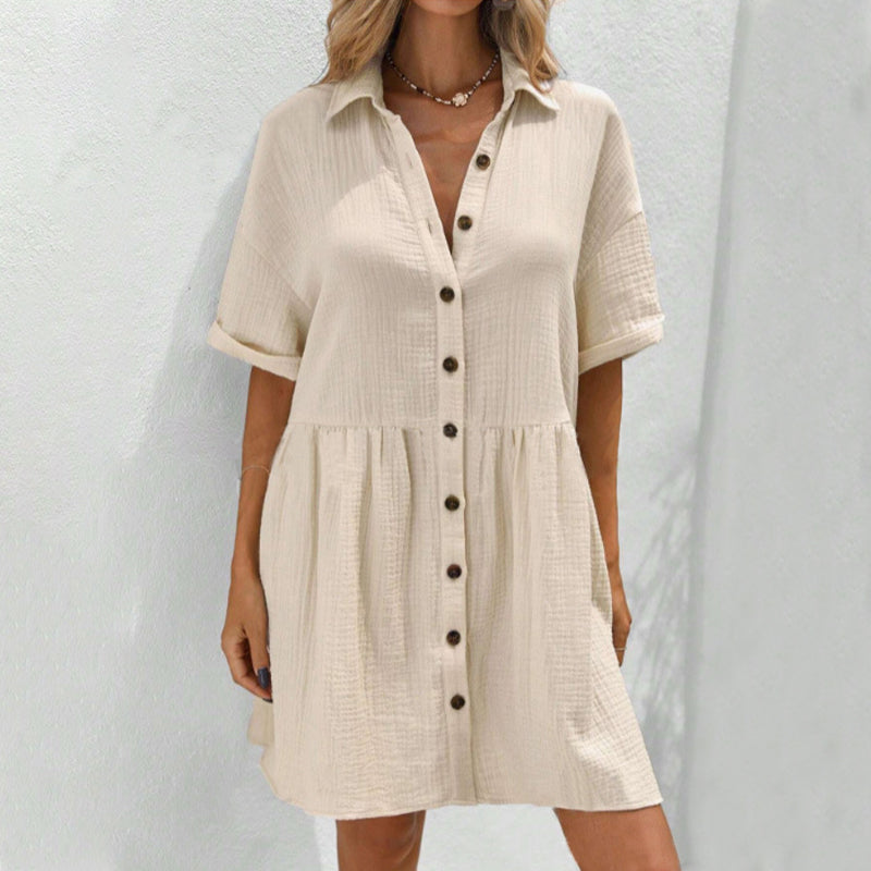 ✨ Babydoll Dress for Women Short Sleeve Button Down Textured Non-clingy Loose Fit Flowy Mini Dress with Pockets 2026 New Summer Dress
