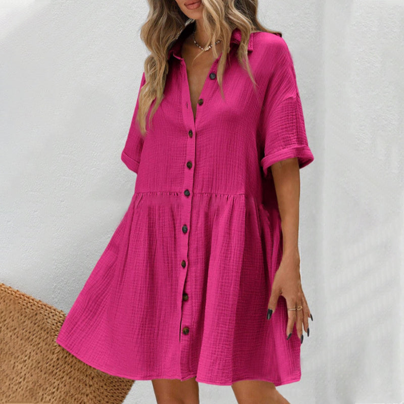 ✨ Babydoll Dress for Women Short Sleeve Button Down Textured Non-clingy Loose Fit Flowy Mini Dress with Pockets 2026 New Summer Dress