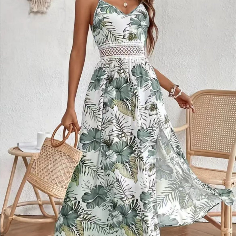 Women’s Floral Print High Slit Spaghetti Strap Flowy Dress
