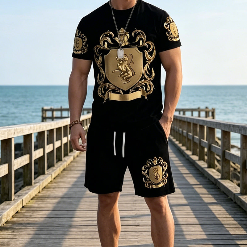 👑 LIMITED-TIME 50% OFF! ✨ Men's Gold Crest Print Set – T-Shirt & Shorts, Luxe Casual ✨