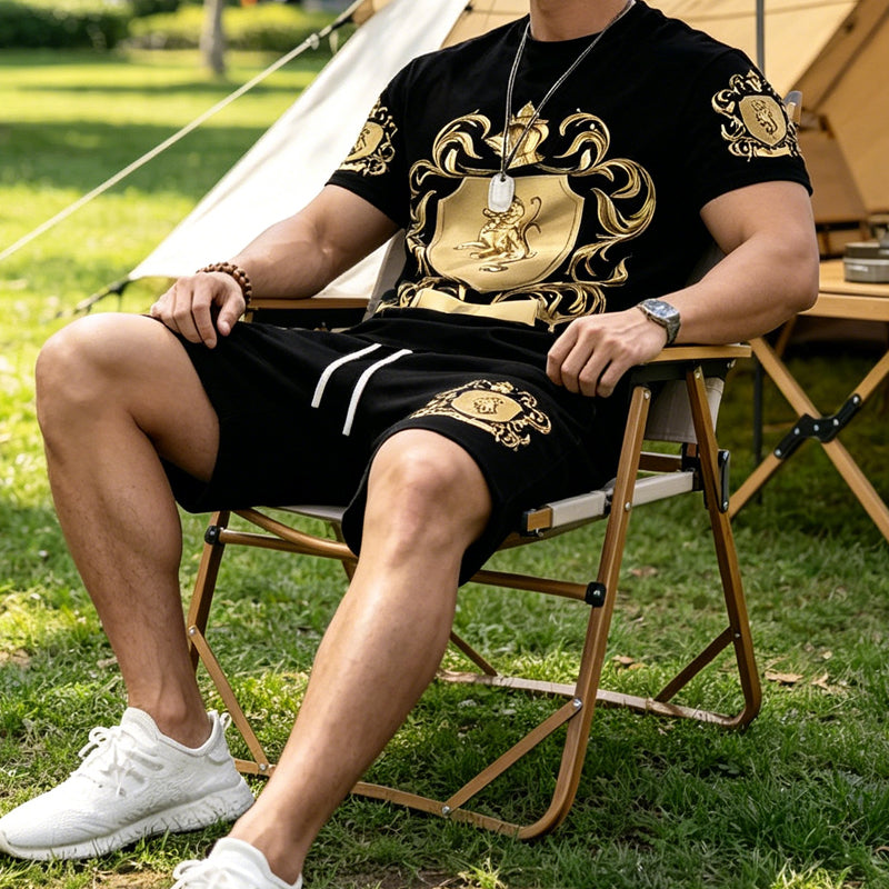 👑 LIMITED-TIME 50% OFF! ✨ Men's Gold Crest Print Set – T-Shirt & Shorts, Luxe Casual ✨