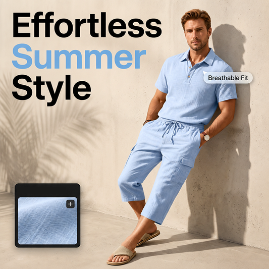 Men Summer Linen Set Loose Shirt and Cargo Shorts Two Piece Outfit