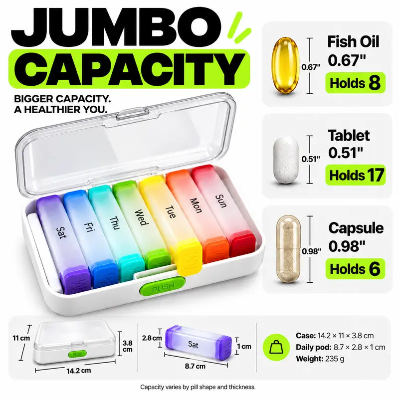 🧳 LIMITED-TIME 50% OFF! 💊 7-Day Detachable Pill Organizer – Color Coded, Portable, Light Resistant ✨
