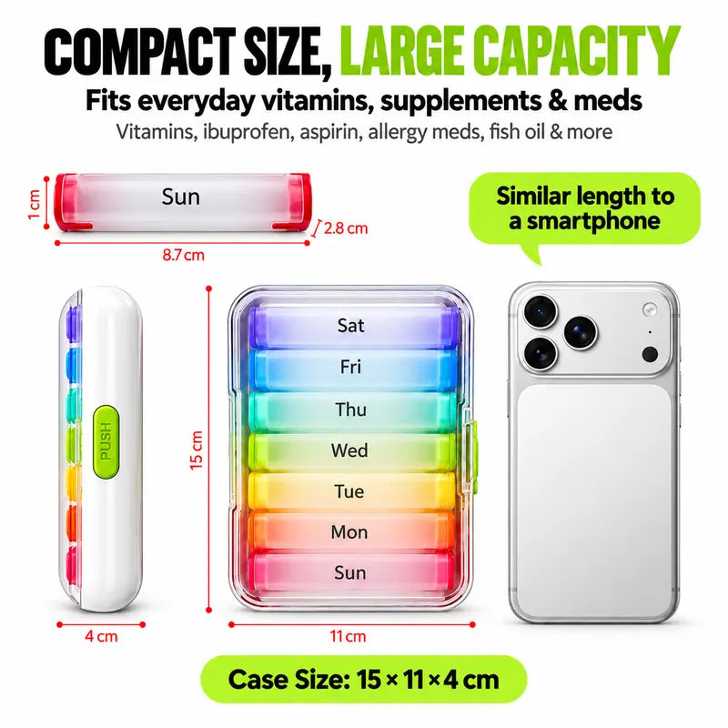 🧳 LIMITED-TIME 50% OFF! 💊 7-Day Detachable Pill Organizer – Color Coded, Portable, Light Resistant ✨