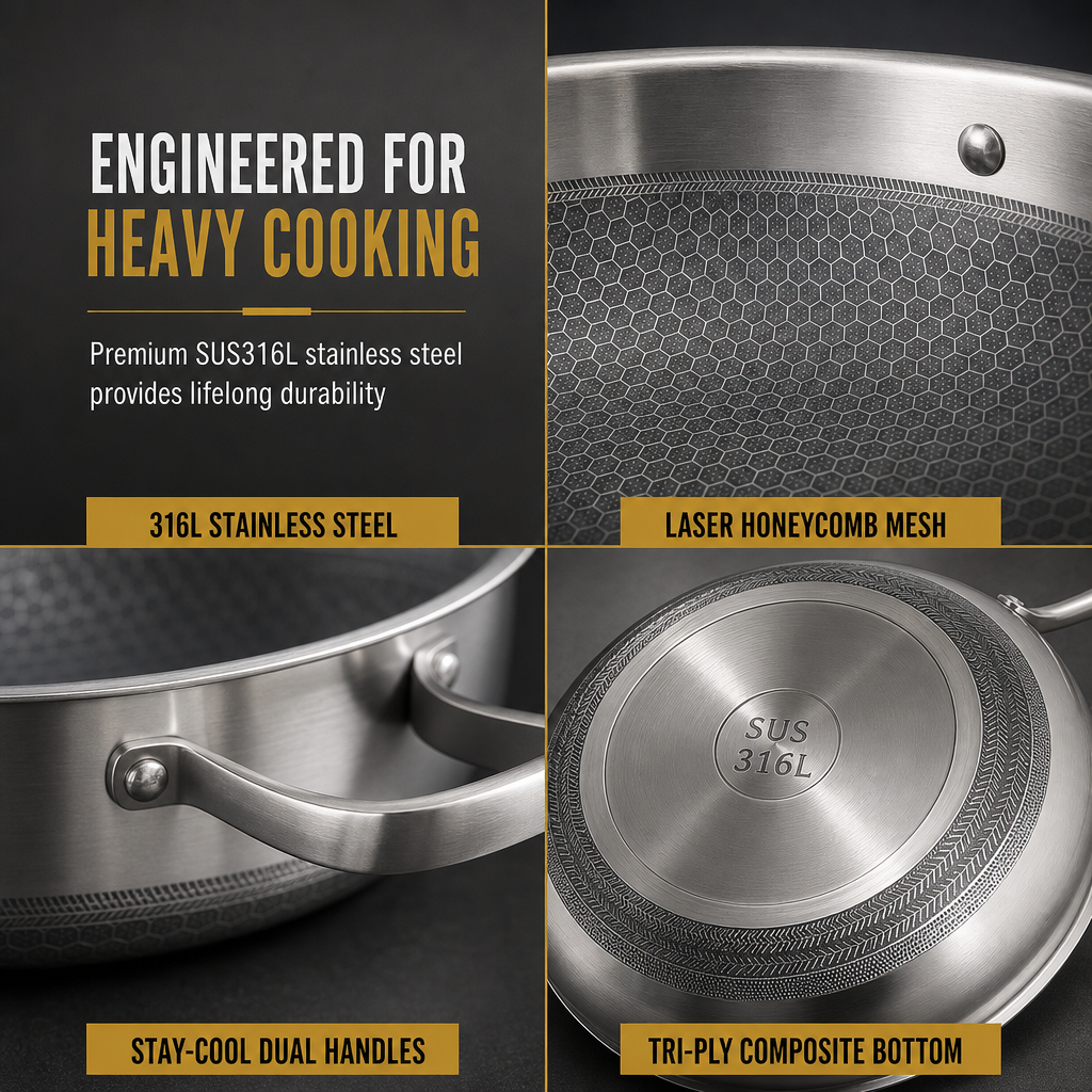 ⏳Limited-time 50% off💥 Thickened Stainless Steel Nonstick Stir Fry Pan with Lid Flat Bottom Cooking Wok with Dual Handles