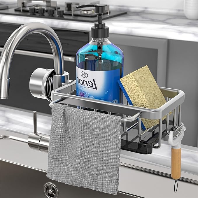⏳Time-Limited Special⏰Faucet Sponge Holder Rack – space aluminum, rustproof, fast-drying, no tools. Organize sink & bathroom instantly! 🛡️✅