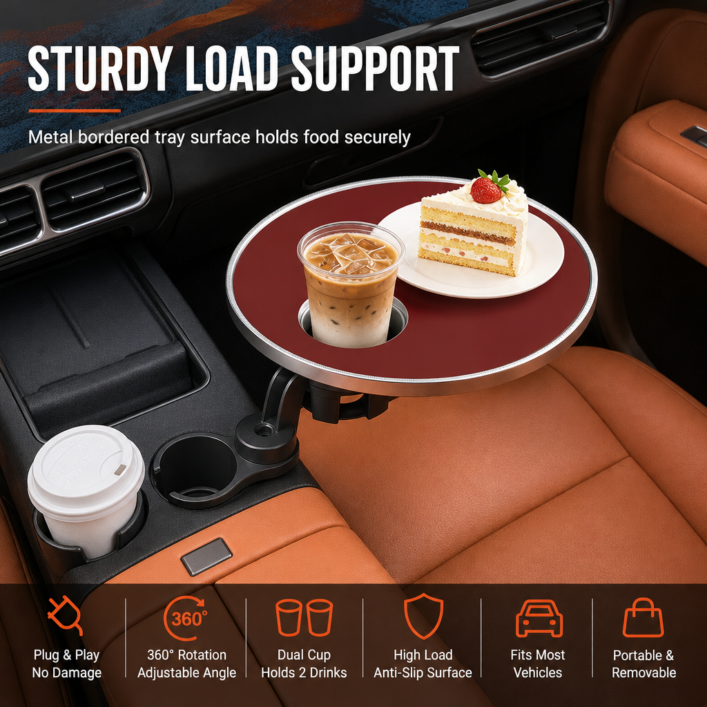 Multifunctional 360 Degree Rotating Car Cup Holder and Food Tray Table Non Slip Wear Resistant Extended Vehicle Dining Tray
