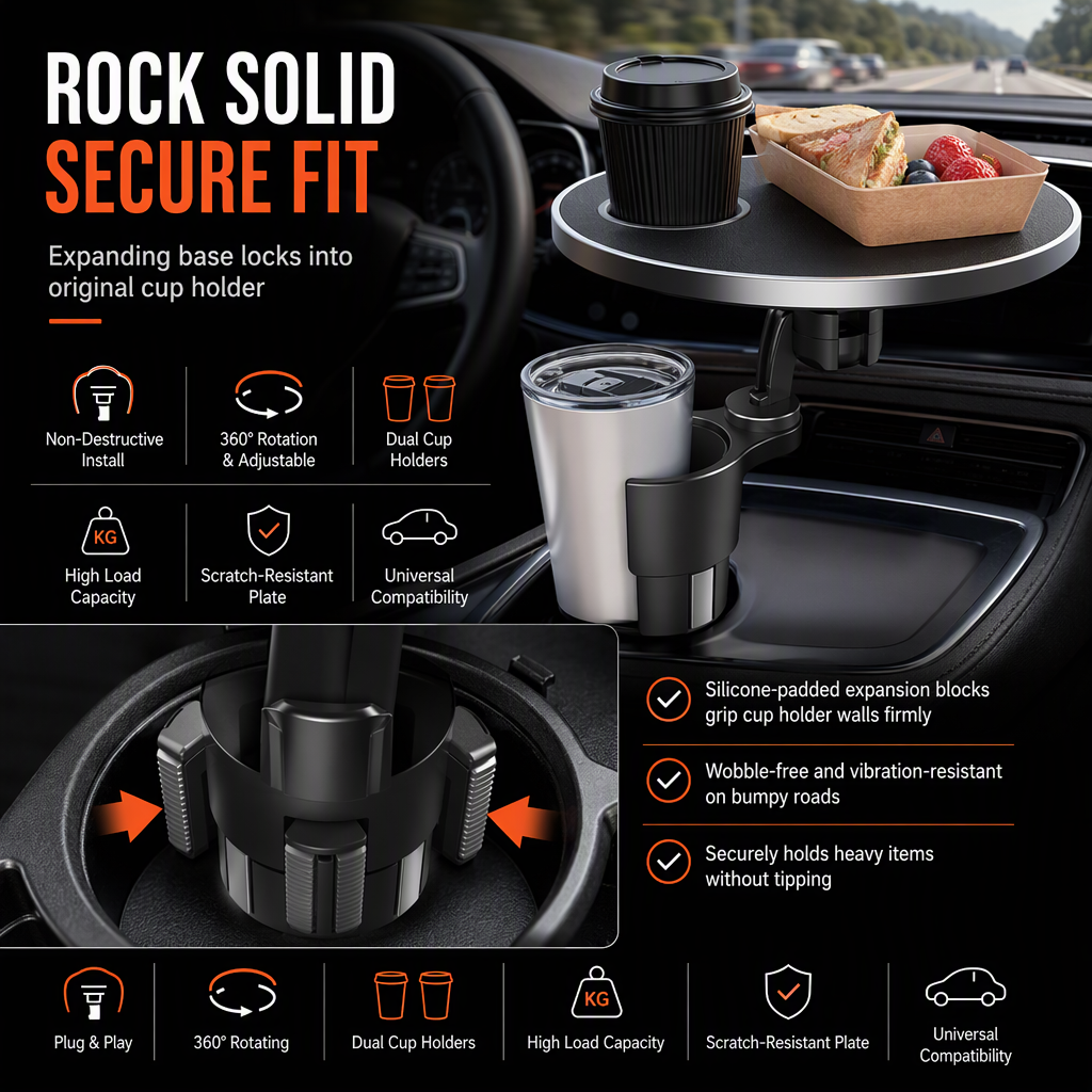 Multifunctional 360 Degree Rotating Car Cup Holder and Food Tray Table Non Slip Wear Resistant Extended Vehicle Dining Tray