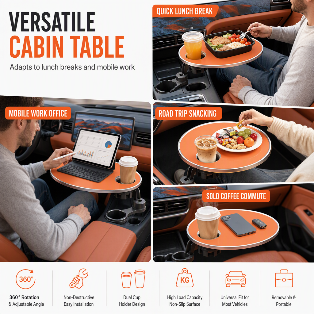 Multifunctional 360 Degree Rotating Car Cup Holder and Food Tray Table Non Slip Wear Resistant Extended Vehicle Dining Tray