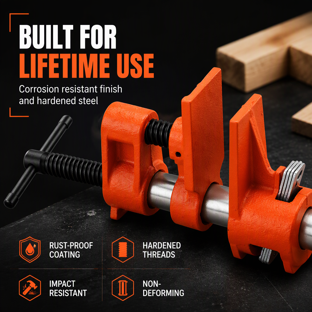 Heavy Duty Woodworking Pipe Clamp Fixture for 1/2 Inch and 3/4 Inch Pipes Steel Pipe Clamp Tool for Wood Gluing and Clamping