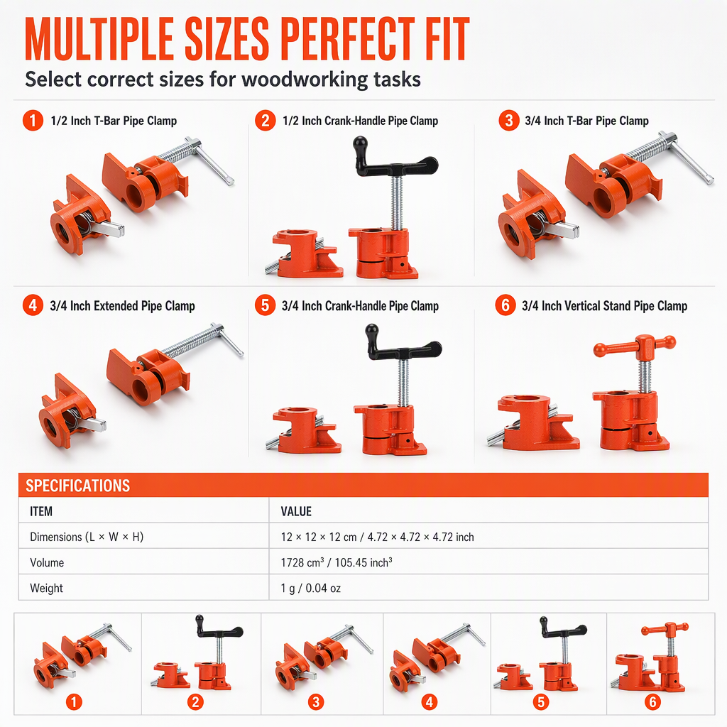 Heavy Duty Woodworking Pipe Clamp Fixture for 1/2 Inch and 3/4 Inch Pipes Steel Pipe Clamp Tool for Wood Gluing and Clamping