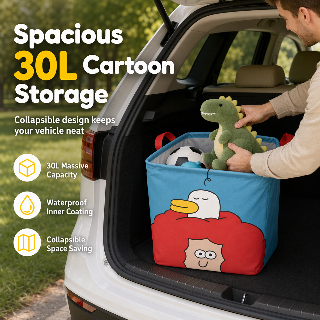 Cute Cartoon Folding Car Trunk Organizer Bin Large Capacity Collapsible Storage Basket for Sundries